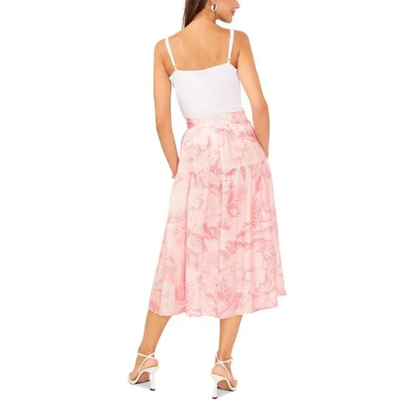 1.State Women’s Pink Floral Printed Low Yoke Puffy Midi Skirt Size Small