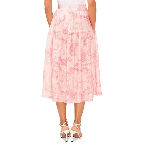 1.State Women’s Pink Floral Printed Low Yoke Puffy Midi Skirt Size Small
