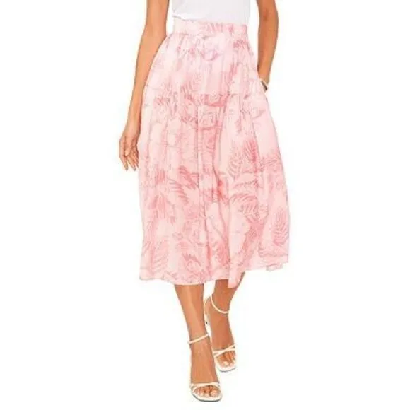 1.State Women’s Pink Floral Printed Low Yoke Puffy Midi Skirt Size Small