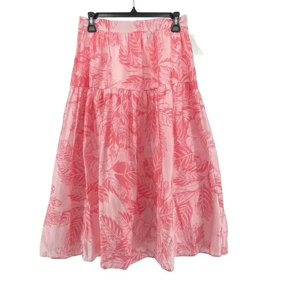 1.State Women’s Pink Floral Printed Low Yoke Puffy Midi Skirt Size Small