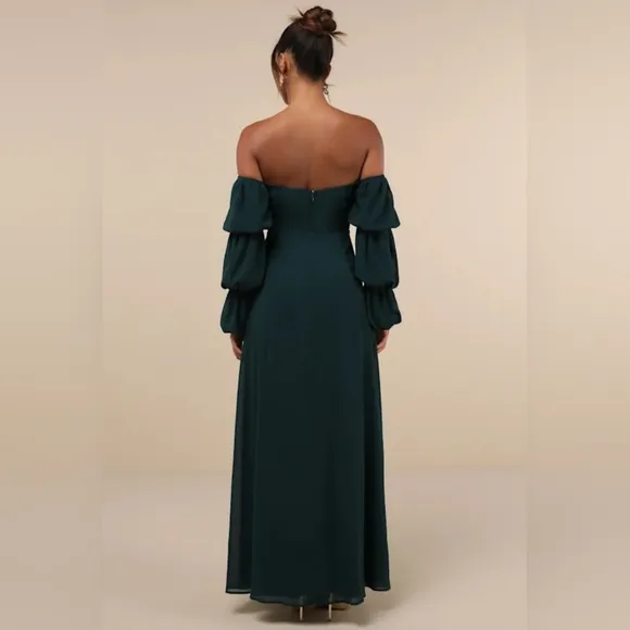 #208 Demure Aura Emerald Tiered Balloon Sleeve Off-the-Shoulder Dress