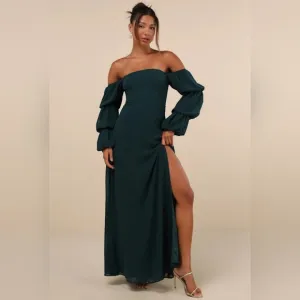 #208 Demure Aura Emerald Tiered Balloon Sleeve Off-the-Shoulder Dress