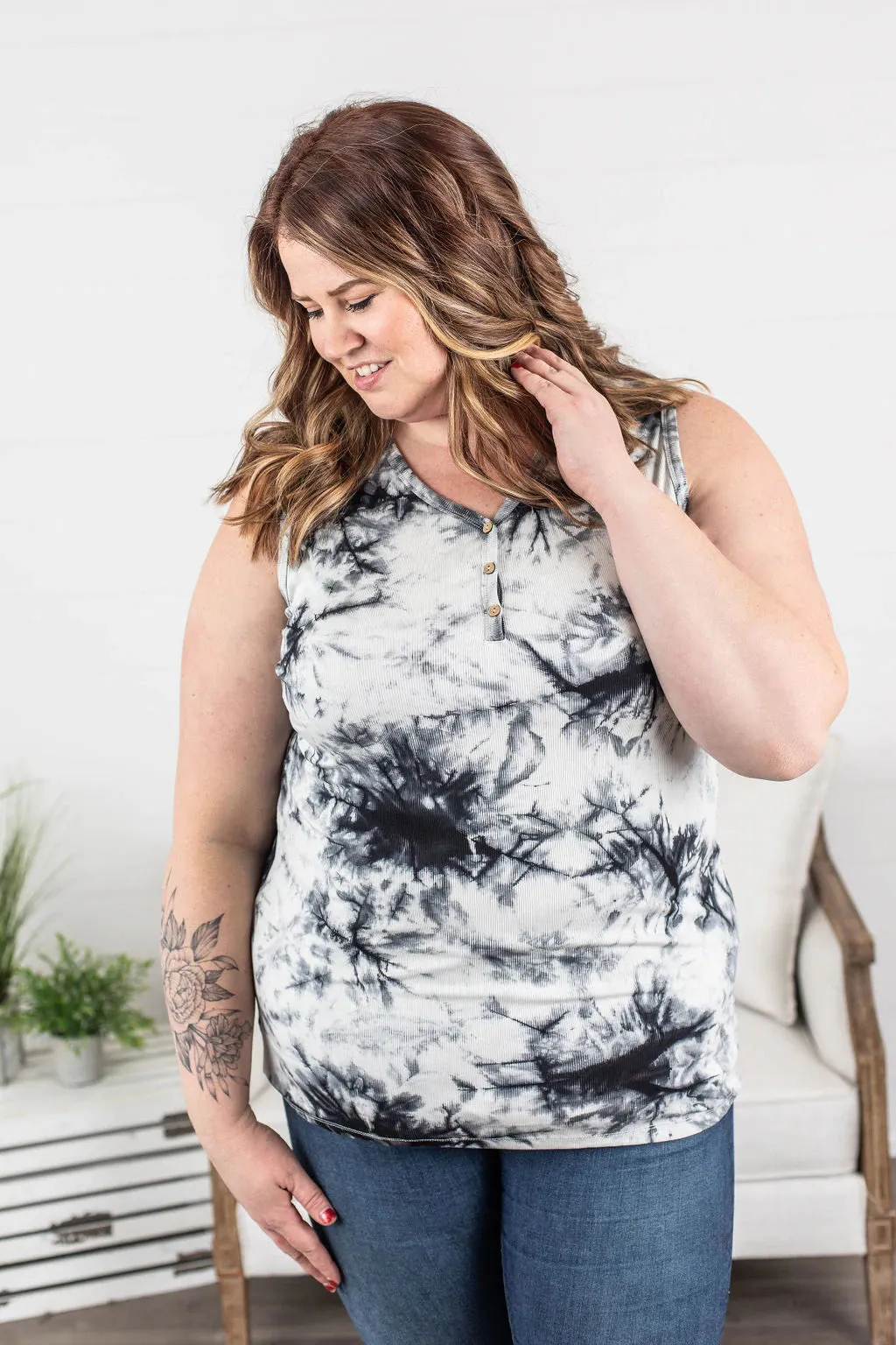 Addison Henley Tank in Black & White Tie-Dye