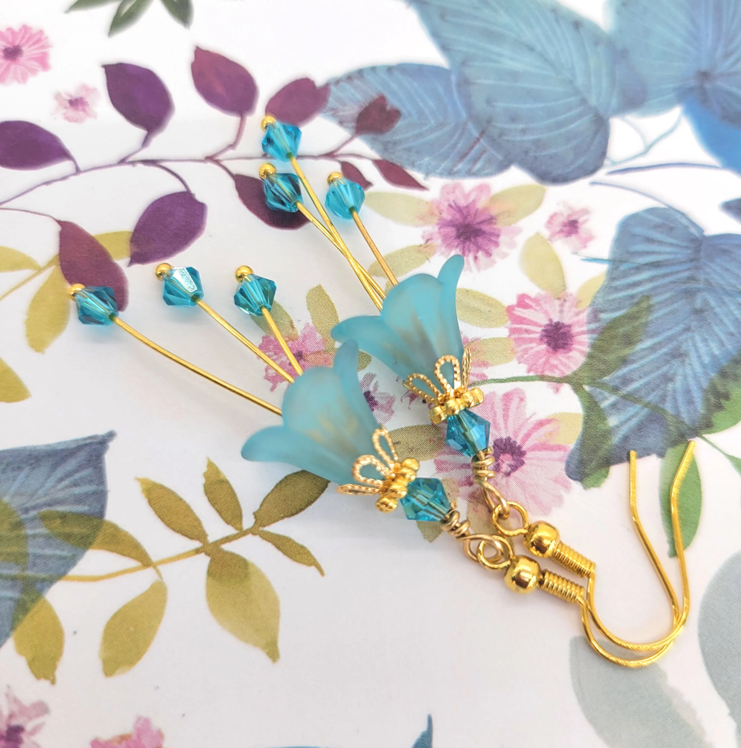 Aqua Blue Bell Flower Earrings