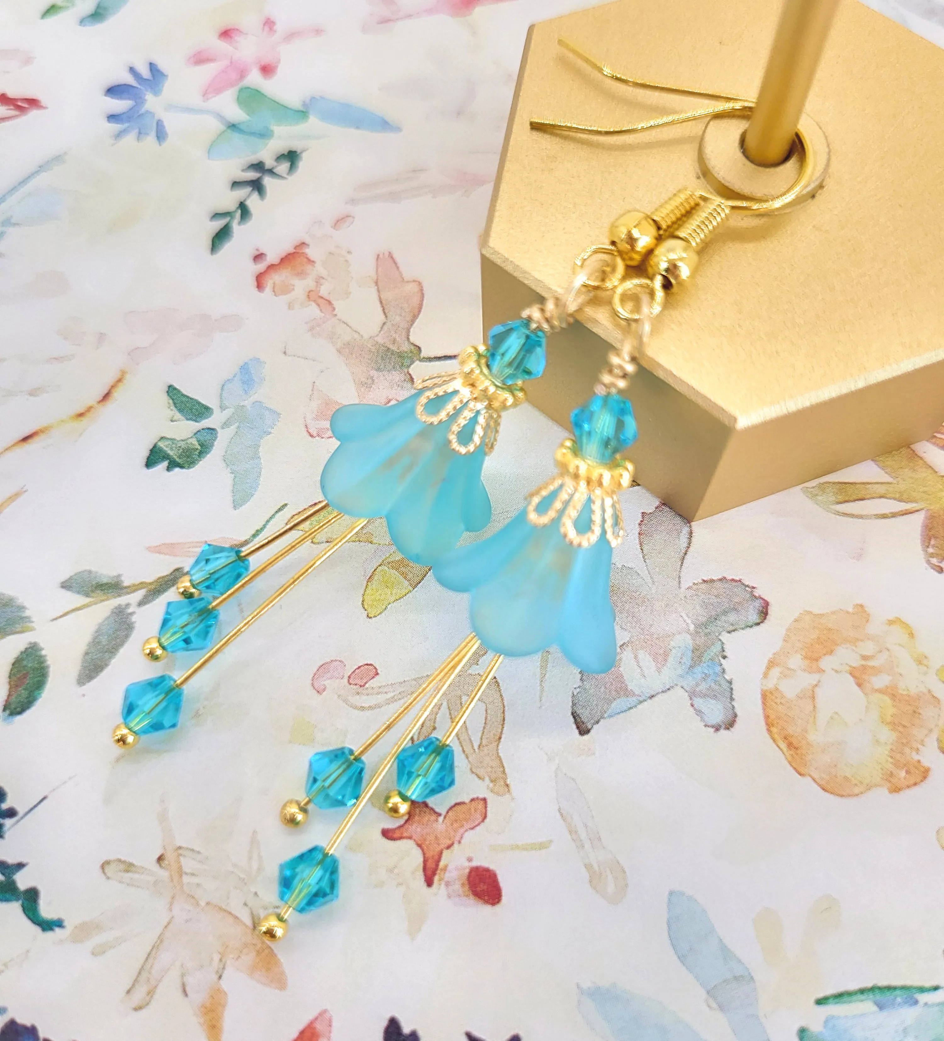 Aqua Blue Bell Flower Earrings