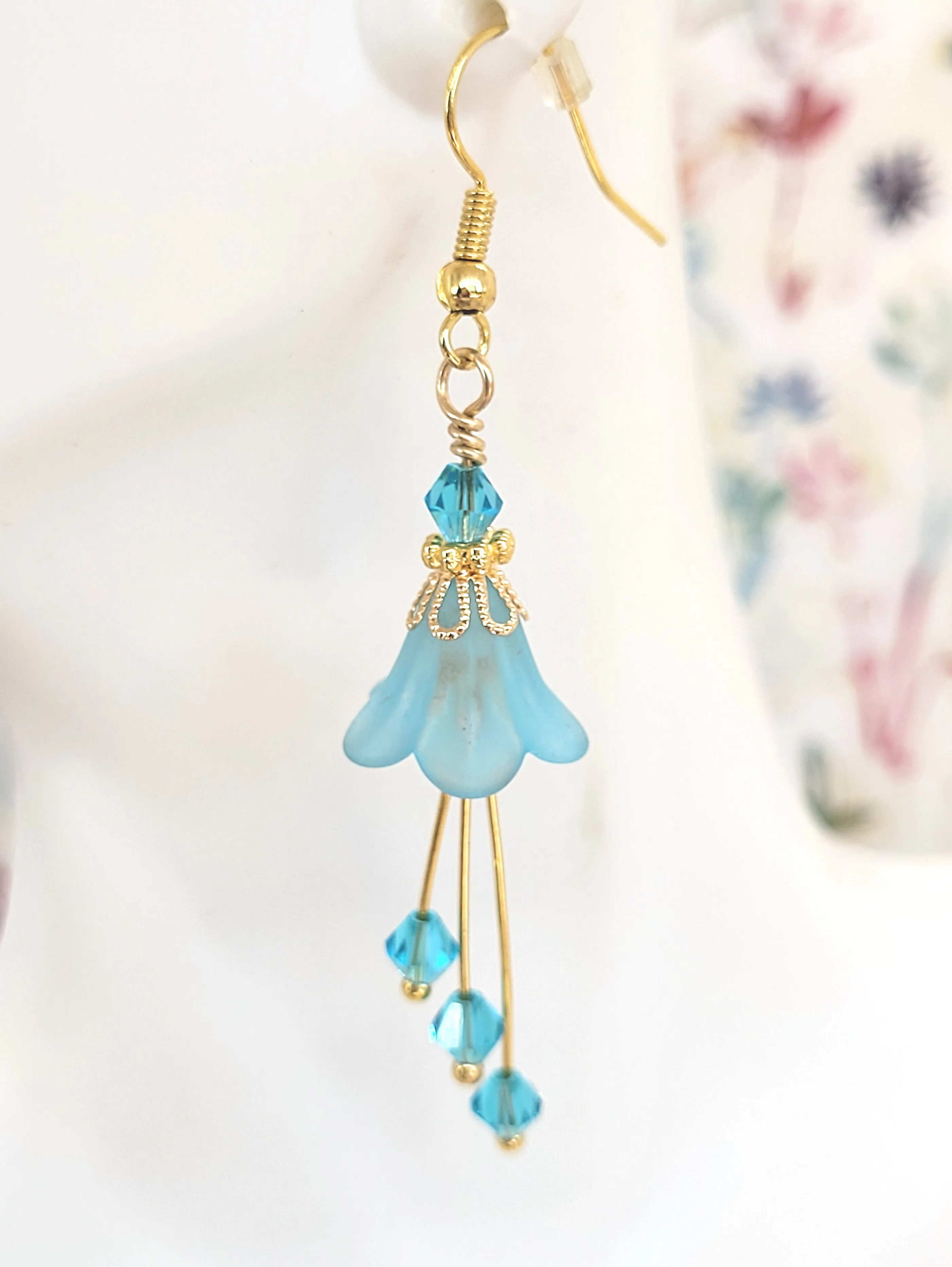 Aqua Blue Bell Flower Earrings