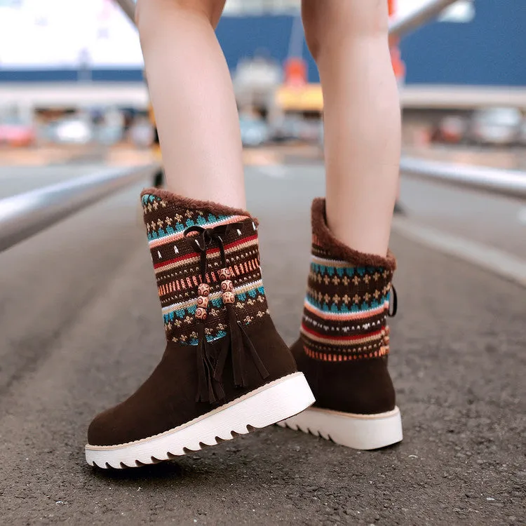 Autumn and Winter Boots, Plush Snow Boots, Sweet Casual Ethnic Style, Wool, Fringed Boots, Women's Boots