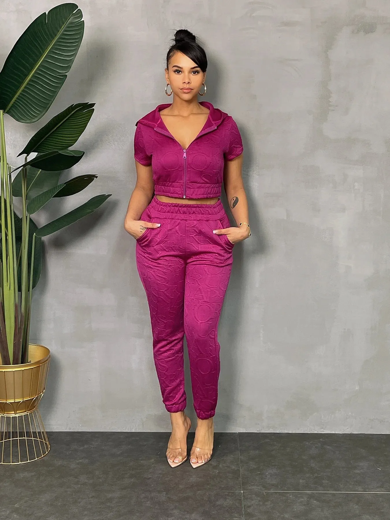 BADD GIRL TEXTURE ZIP HOODIE JOGGER SET ( Plus Sizes Available)