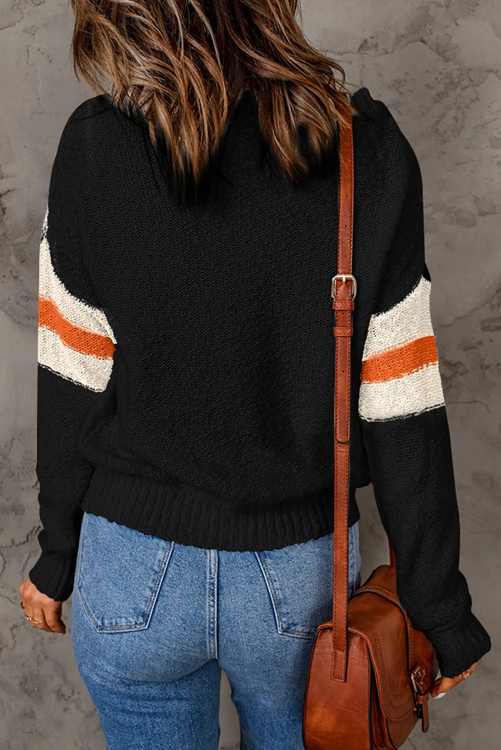 Black Chevron Striped Drop Shoulder Sweater