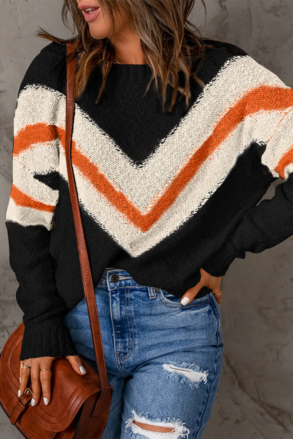 Black Chevron Striped Drop Shoulder Sweater