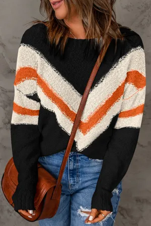 Black Chevron Striped Drop Shoulder Sweater