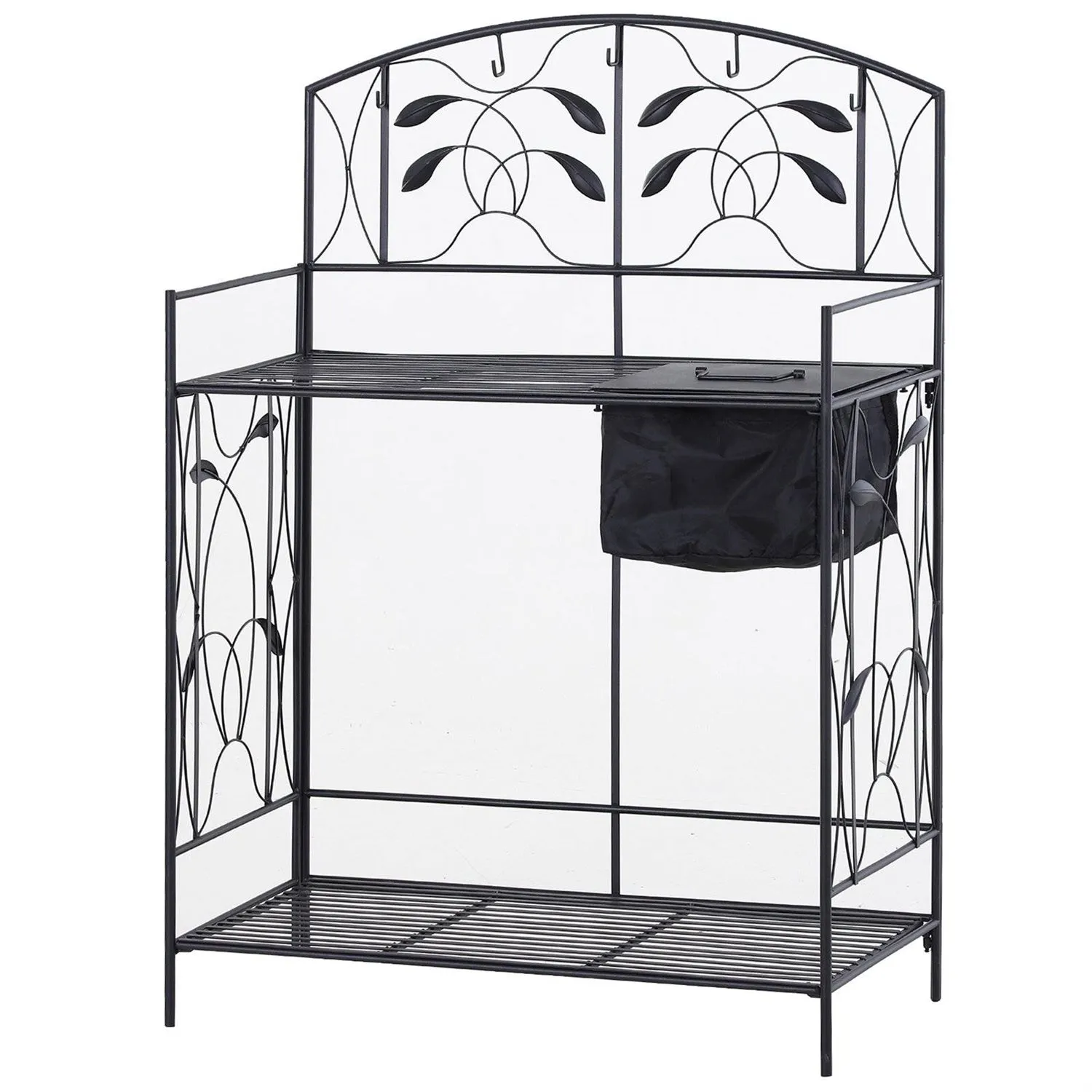 Black Metal Potting Bench with Wrought Iron Vine Details and Fabric Potting Sink