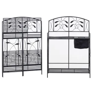 Black Metal Potting Bench with Wrought Iron Vine Details and Fabric Potting Sink