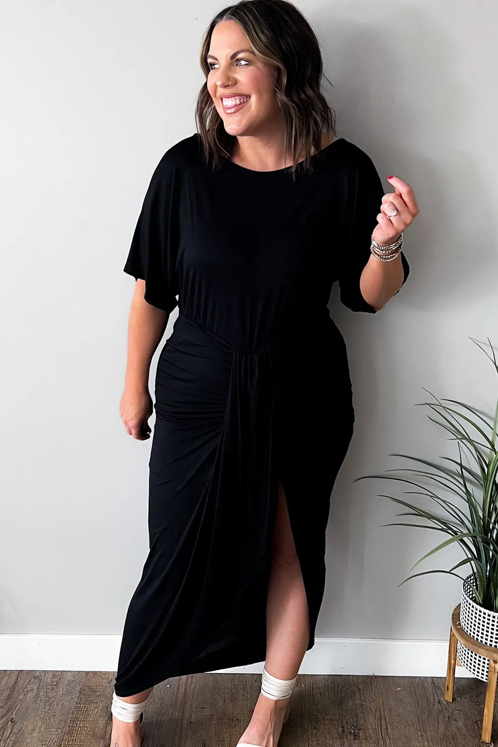 Black Side Split High Waist Short Sleeve Plus Size Maxi Dress