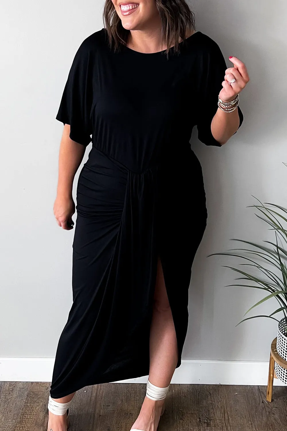 Black Side Split High Waist Short Sleeve Plus Size Maxi Dress