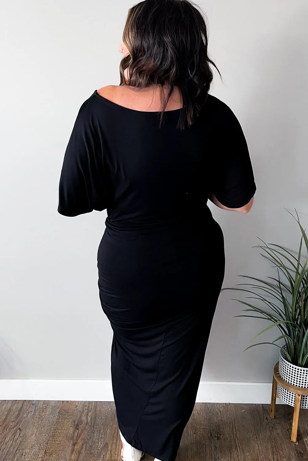 Black Side Split High Waist Short Sleeve Plus Size Maxi Dress