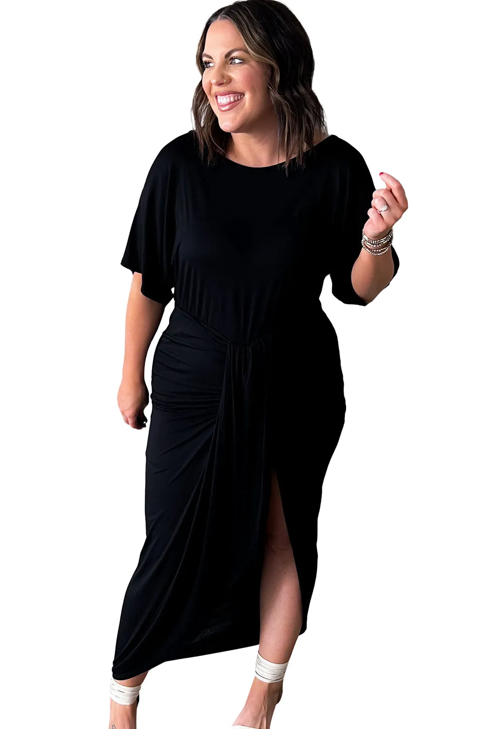 Black Side Split High Waist Short Sleeve Plus Size Maxi Dress