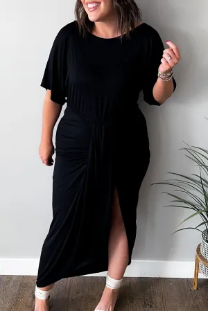 Black Side Split High Waist Short Sleeve Plus Size Maxi Dress