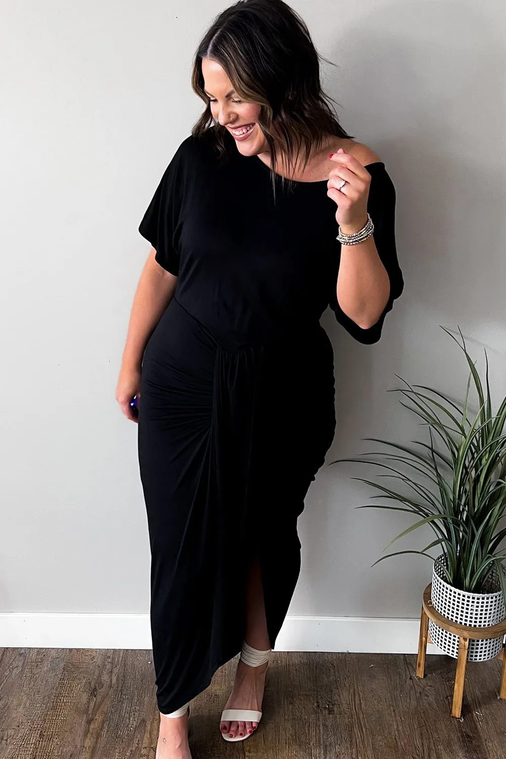 Black Side Split High Waist Short Sleeve Plus Size Maxi Dress