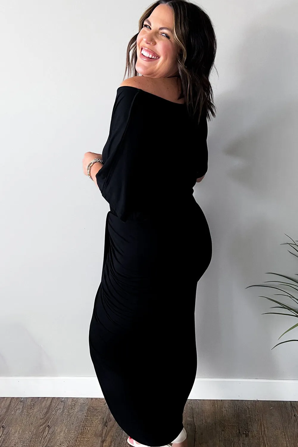 Black Side Split High Waist Short Sleeve Plus Size Maxi Dress