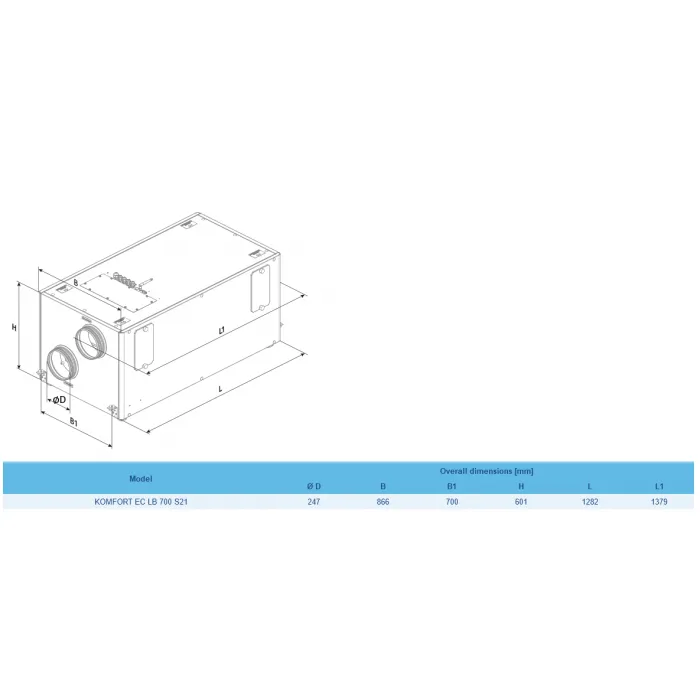 Blauberg KOMFORT-EC-LB-700-S25 Komfort Horizontally Mounted MVHR Mechanical Ventilation Unit with Heat Recovery - Built-in Controls