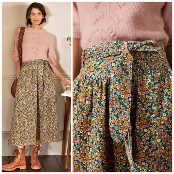 Boden Tie Waist Cord Midaxi Fit and Flare Skirt in Dusty Red Floral Print Size 8