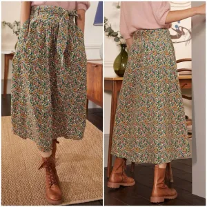 Boden Tie Waist Cord Midaxi Fit and Flare Skirt in Dusty Red Floral Print Size 8