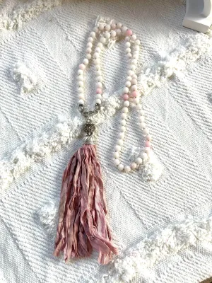 Boho & Mala Soft Pink Stone Silk Tassel Necklace TN10045