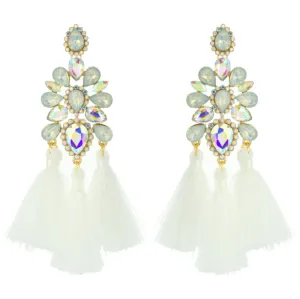 Boho Chic White Opal Tassel Fun Fashion Earrings | EY10886GIV