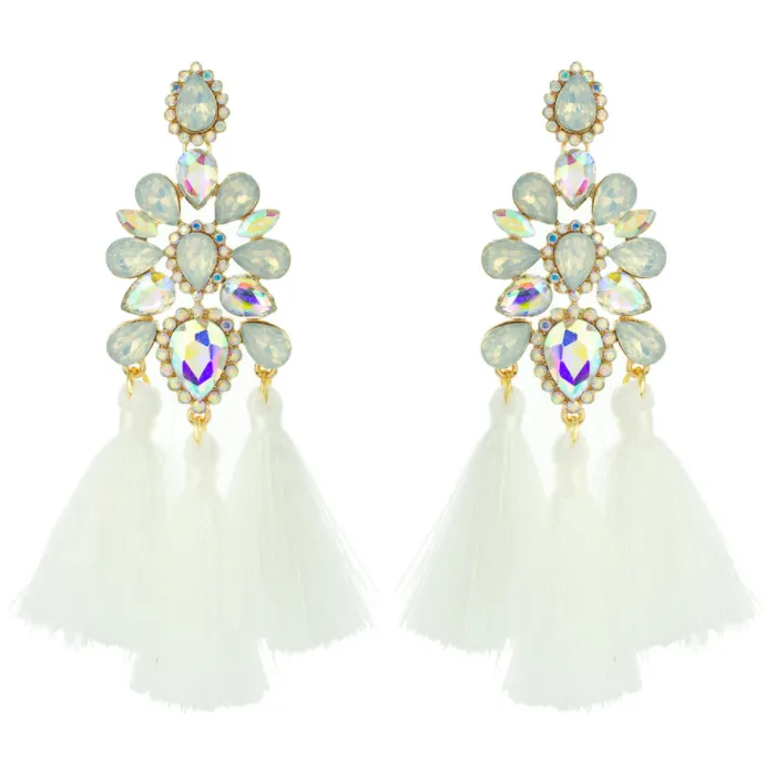 Boho Chic White Opal Tassel Fun Fashion Earrings | EY10886GIV
