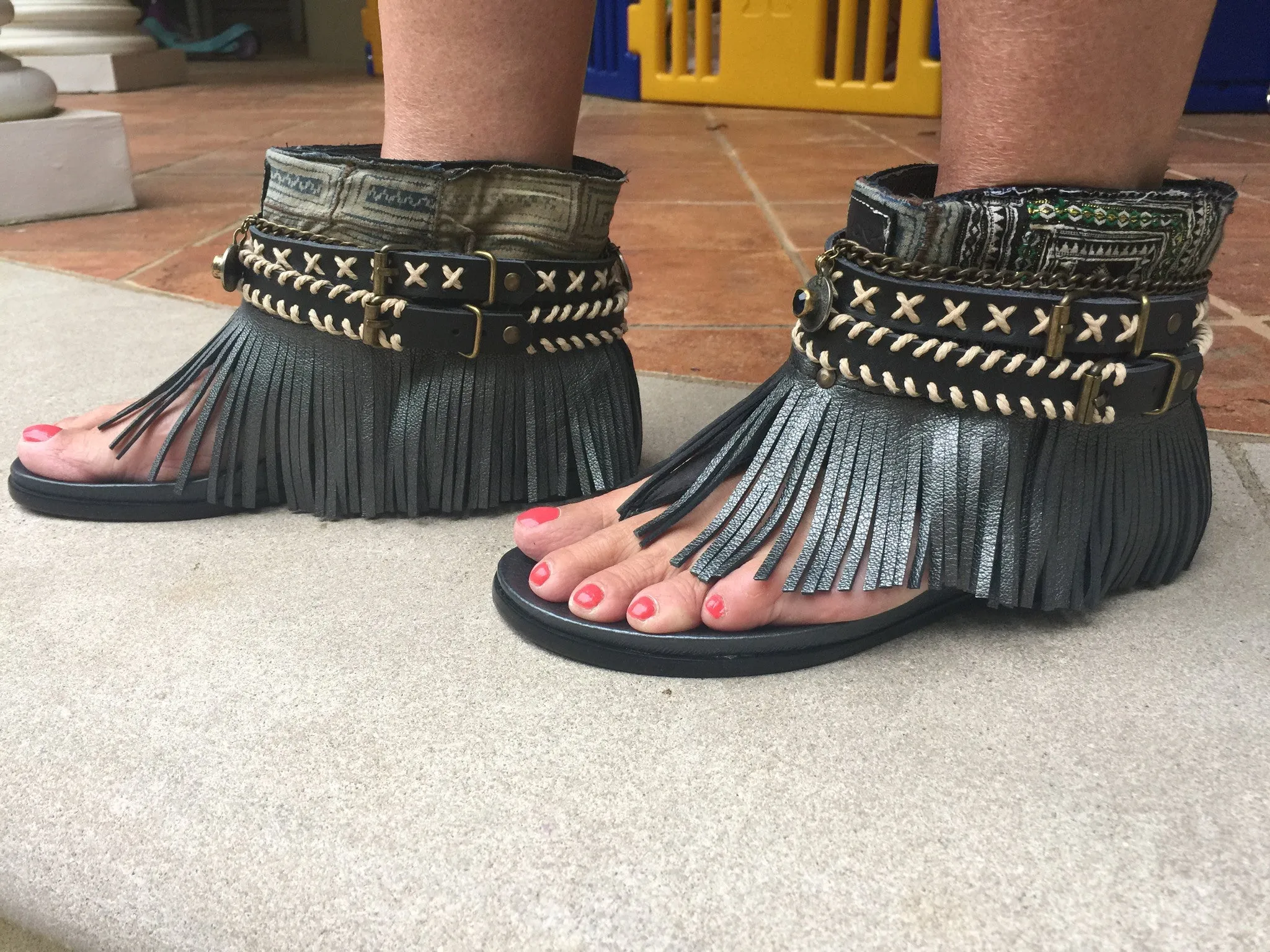 BOHO SANDALS- "Custom made black fringe sandals"