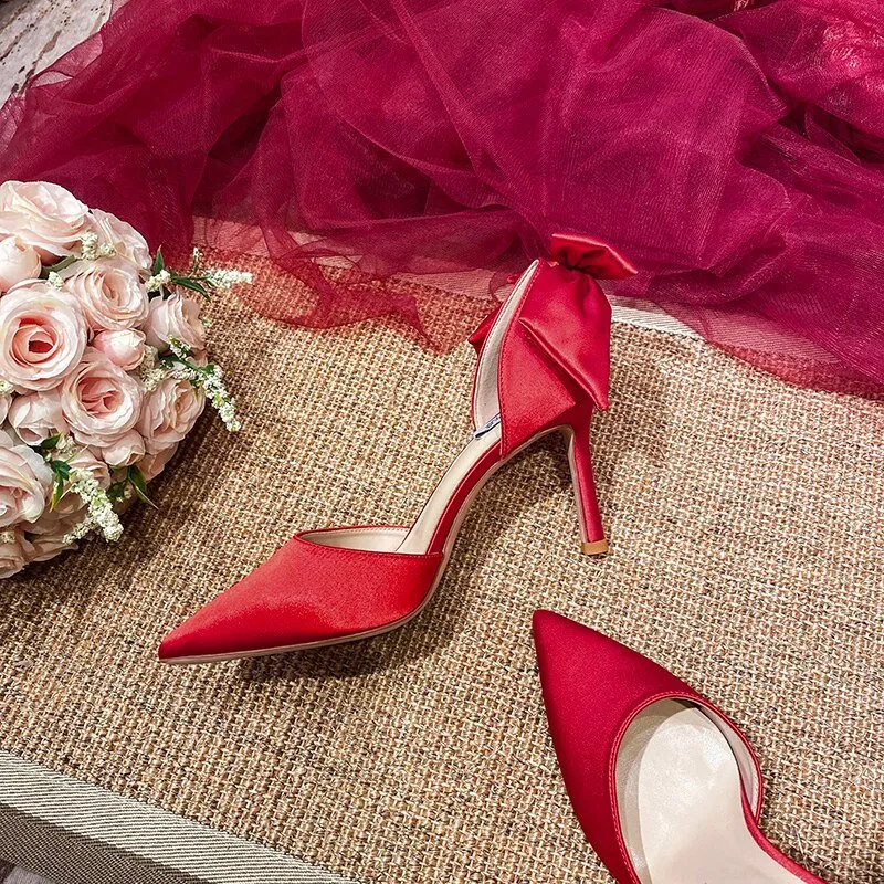 Bow satin sandals bride pearl white pointed wedding shoes