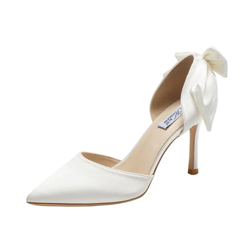 Bow satin sandals bride pearl white pointed wedding shoes