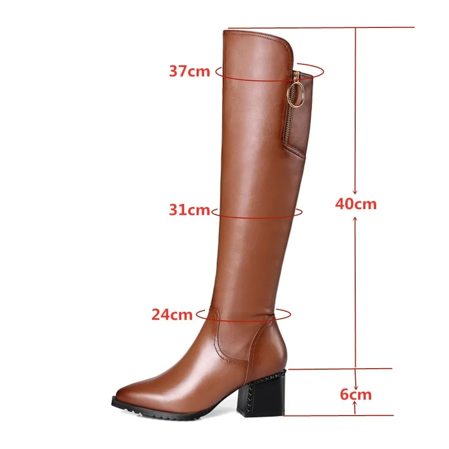 British style cowhide material zippered decorative boots pointed thick high heel side zipper rubber soles  winter boots women