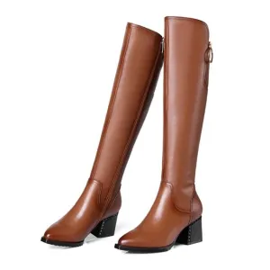 British style cowhide material zippered decorative boots pointed thick high heel side zipper rubber soles  winter boots women