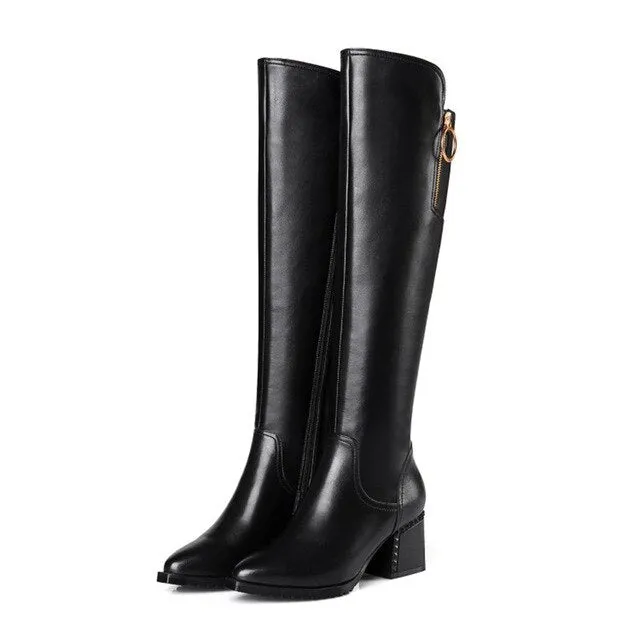 British style cowhide material zippered decorative boots pointed thick high heel side zipper rubber soles  winter boots women