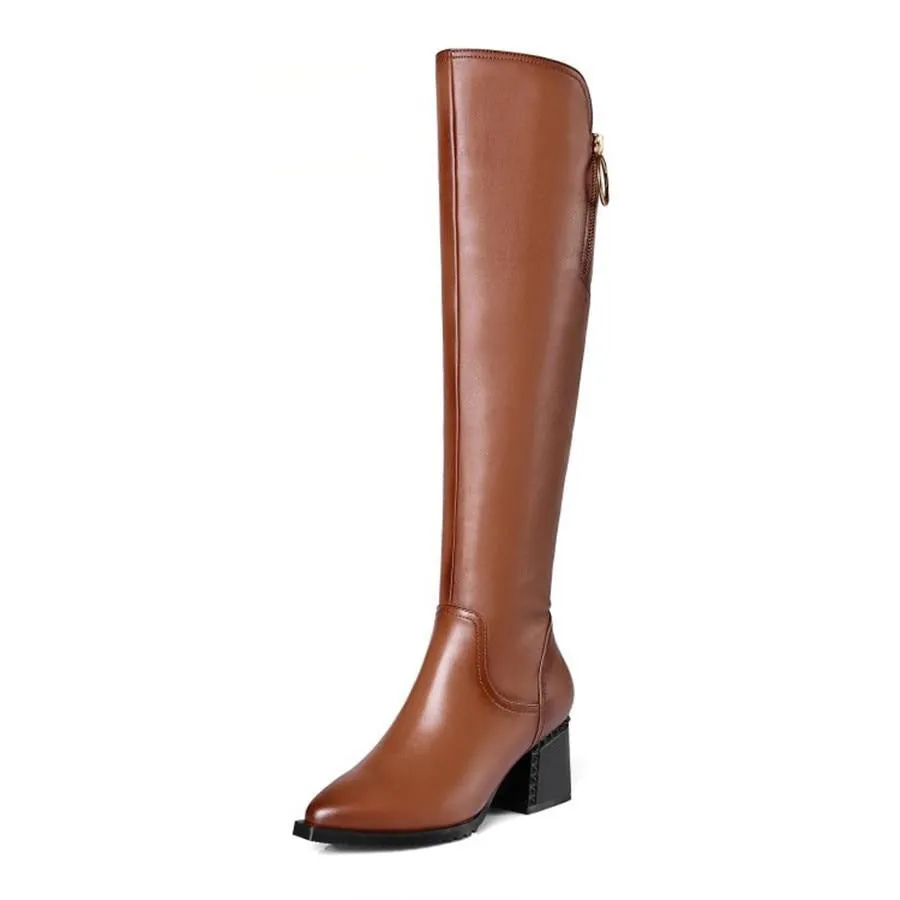 British style cowhide material zippered decorative boots pointed thick high heel side zipper rubber soles  winter boots women