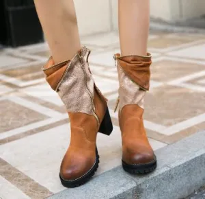 Brown Leather Lady Vintage Style Boots Rivets Zipper Decor Block Heel Bootie High Quality Chelsea Boots Female