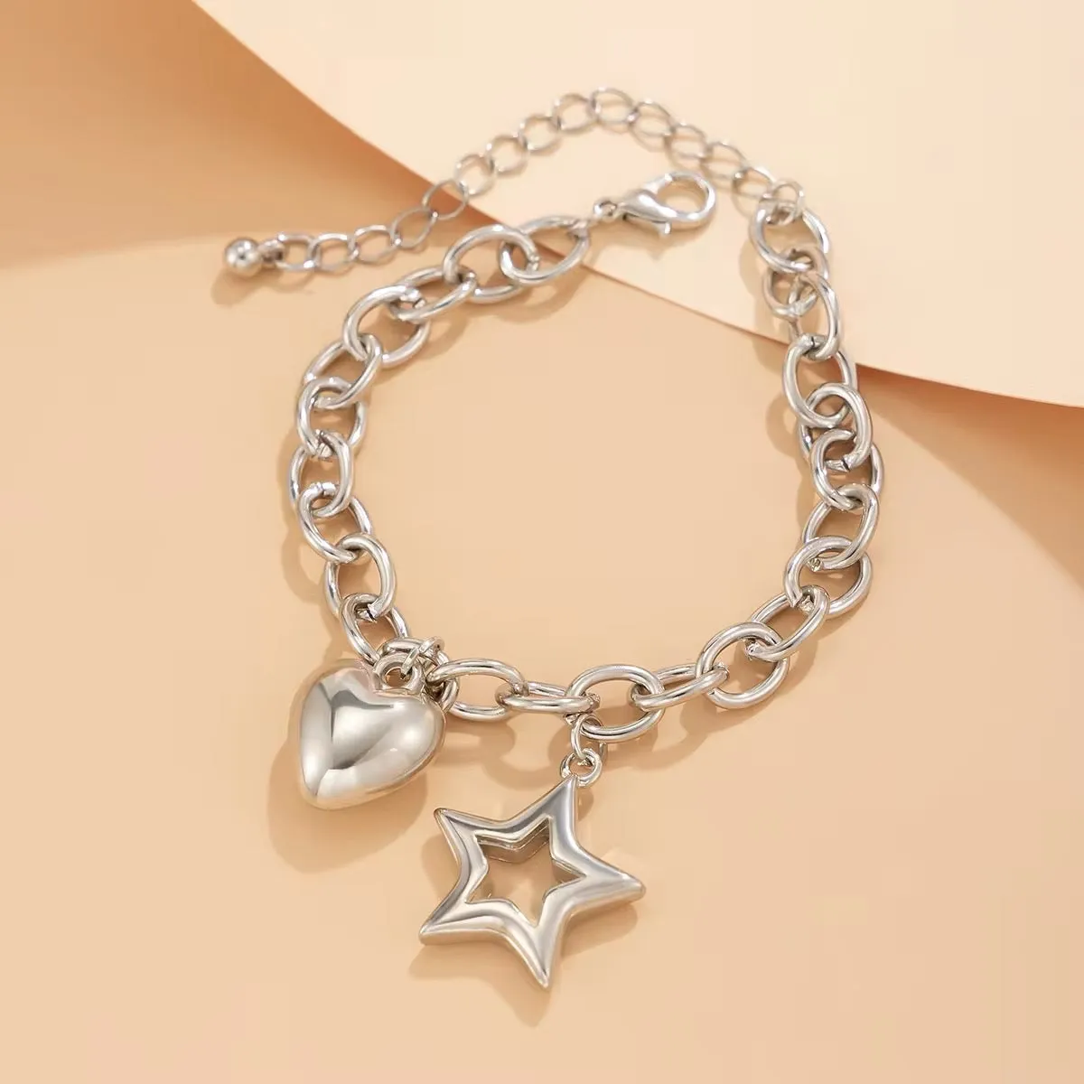 Charm Chain Chic Hollow Star & Smooth Heart Pendant Bracelet