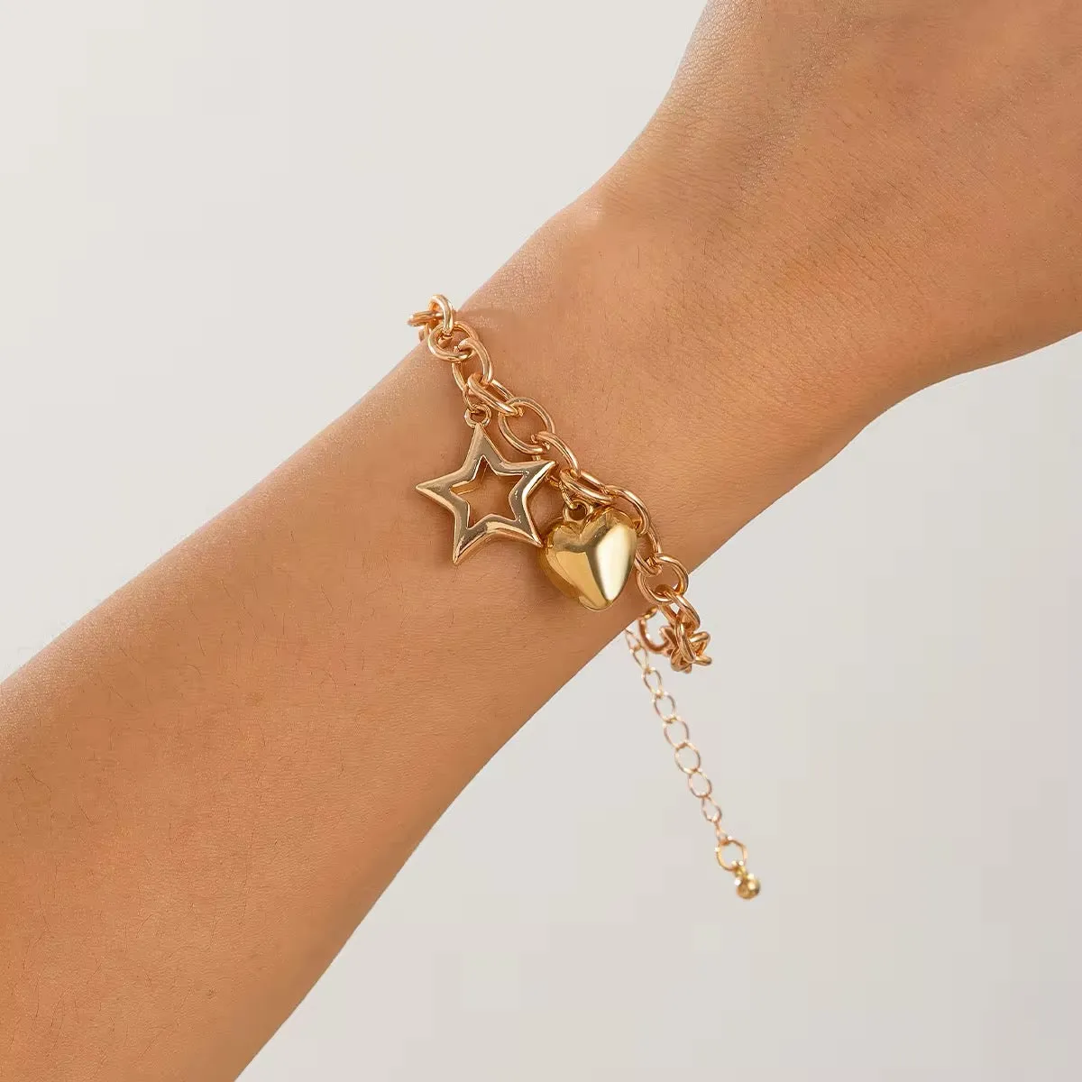 Charm Chain Chic Hollow Star & Smooth Heart Pendant Bracelet