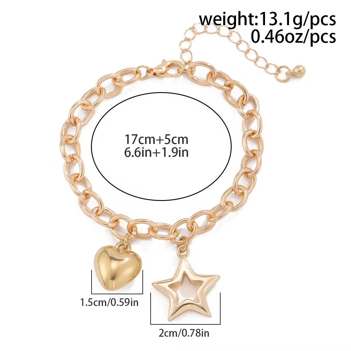 Charm Chain Chic Hollow Star & Smooth Heart Pendant Bracelet