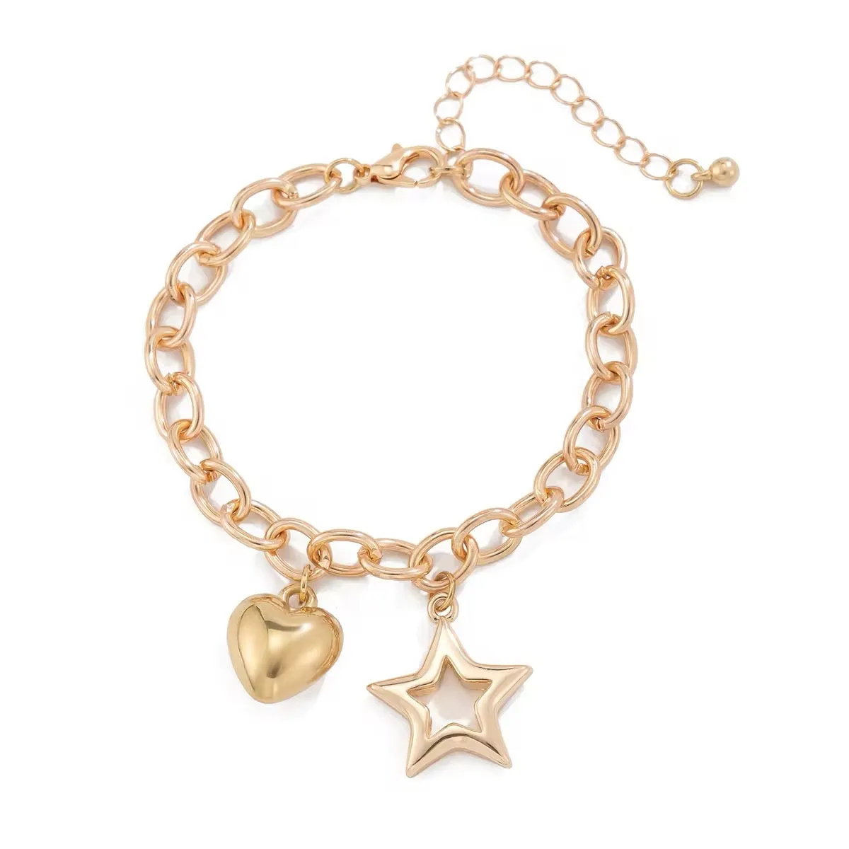 Charm Chain Chic Hollow Star & Smooth Heart Pendant Bracelet