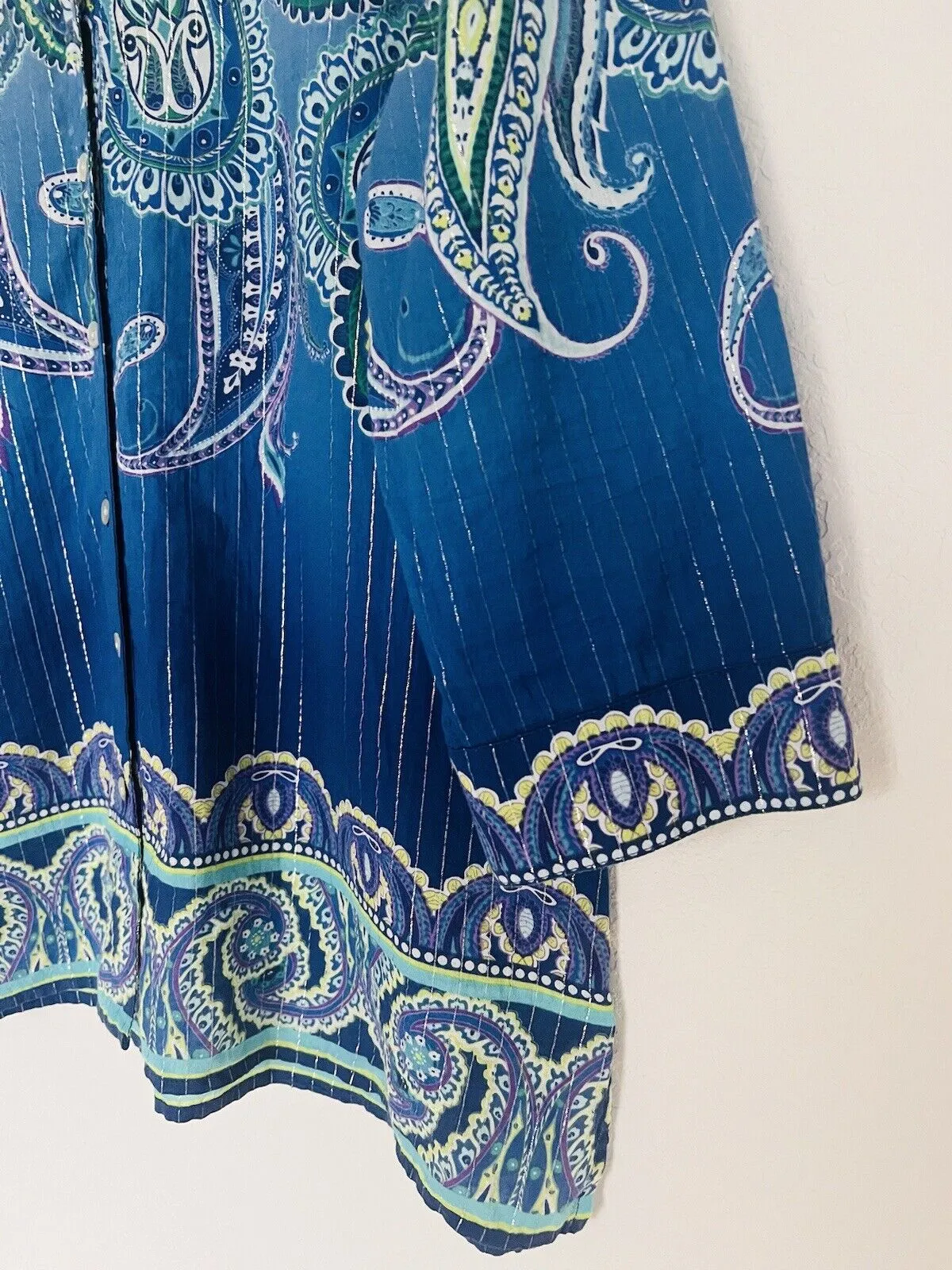 CHICO’S Paisley Blouse Sz Large Blue Lightweight Cotton Metallic Stripe Large