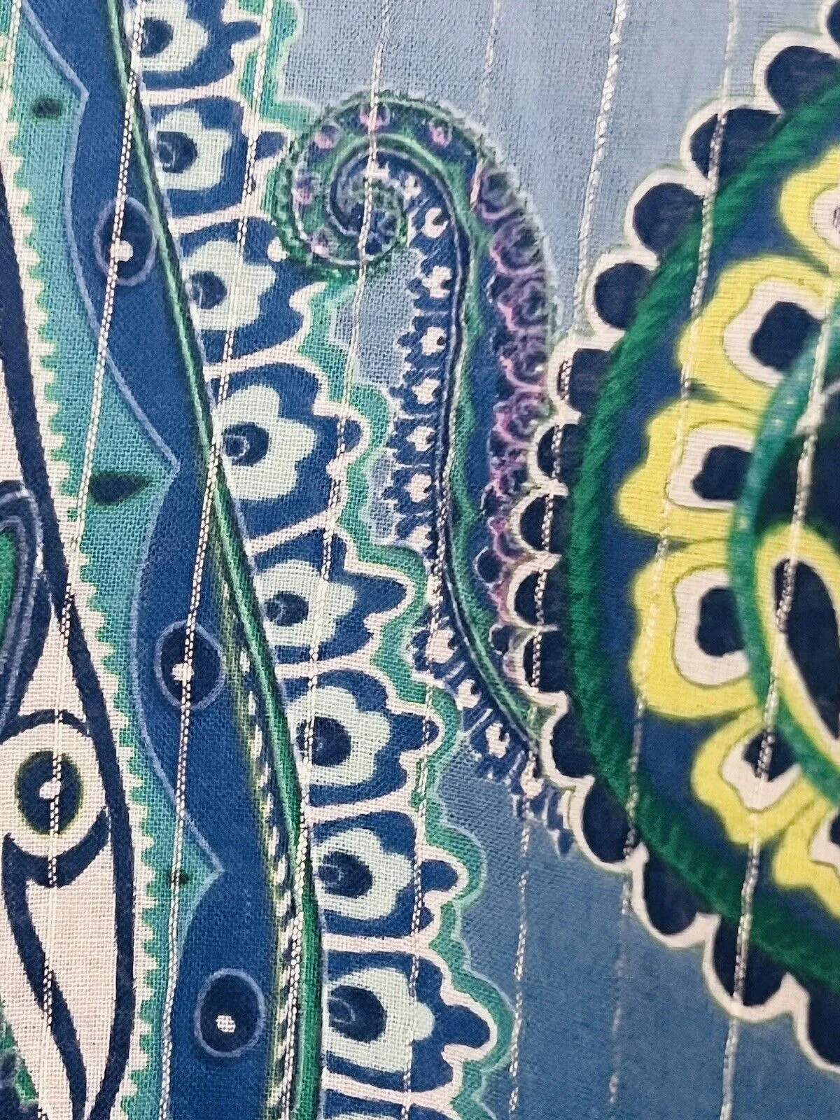 CHICO’S Paisley Blouse Sz Large Blue Lightweight Cotton Metallic Stripe Large