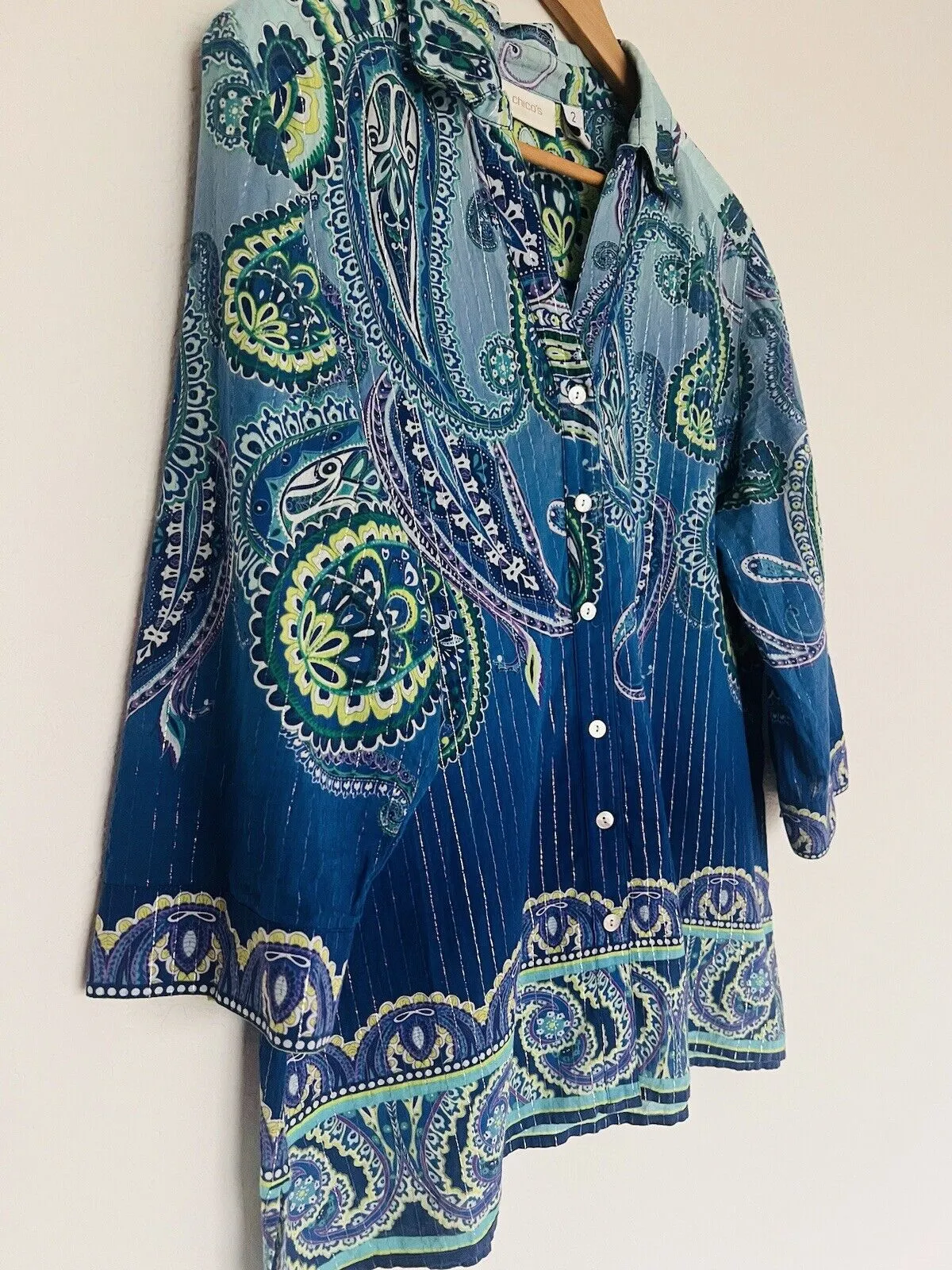 CHICO’S Paisley Blouse Sz Large Blue Lightweight Cotton Metallic Stripe Large