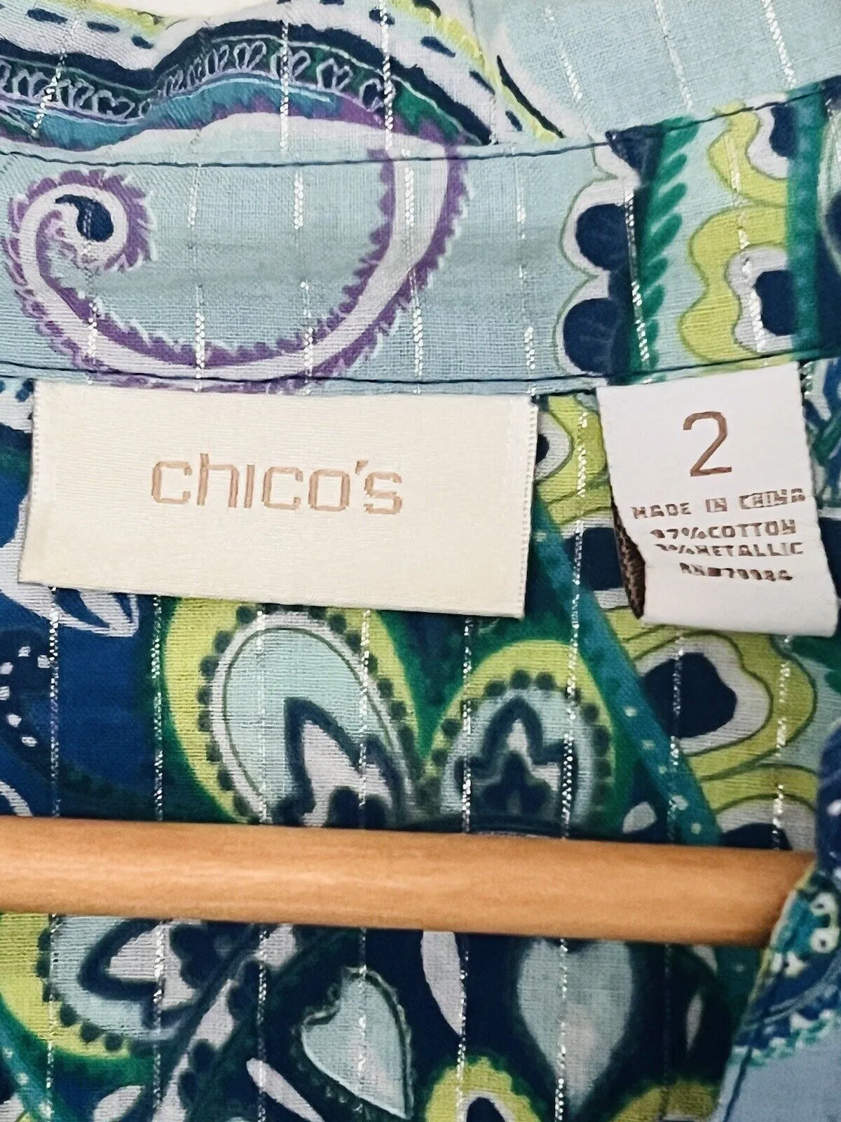 CHICO’S Paisley Blouse Sz Large Blue Lightweight Cotton Metallic Stripe Large