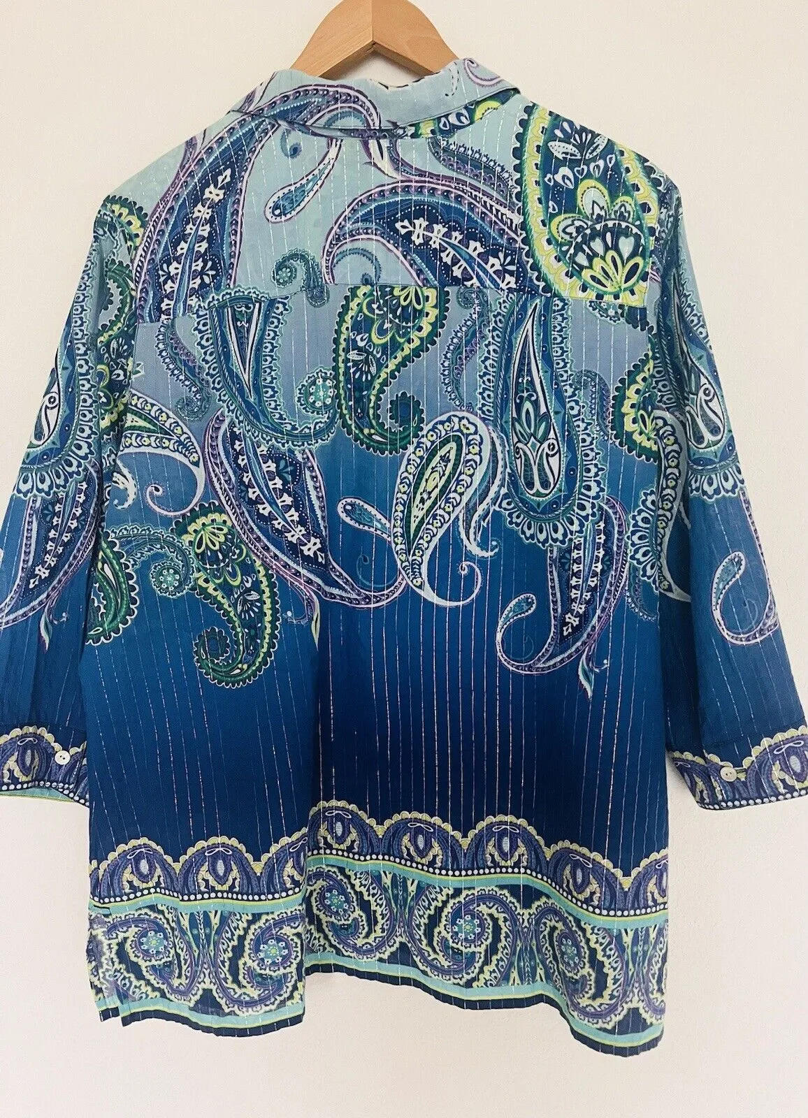 CHICO’S Paisley Blouse Sz Large Blue Lightweight Cotton Metallic Stripe Large