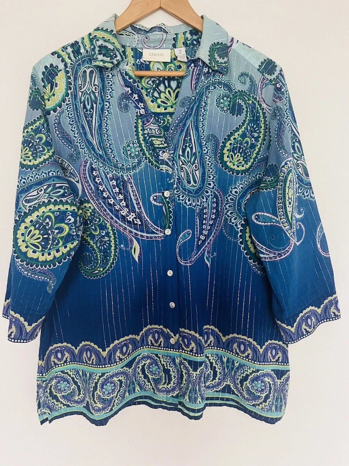 CHICO’S Paisley Blouse Sz Large Blue Lightweight Cotton Metallic Stripe Large