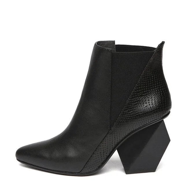 Chunky Pointed Toe Booties Short Winter Brand Women Boots Genuine Leather Fur Shoes Blue High Heel Chelsea Strange Slip On Ankle