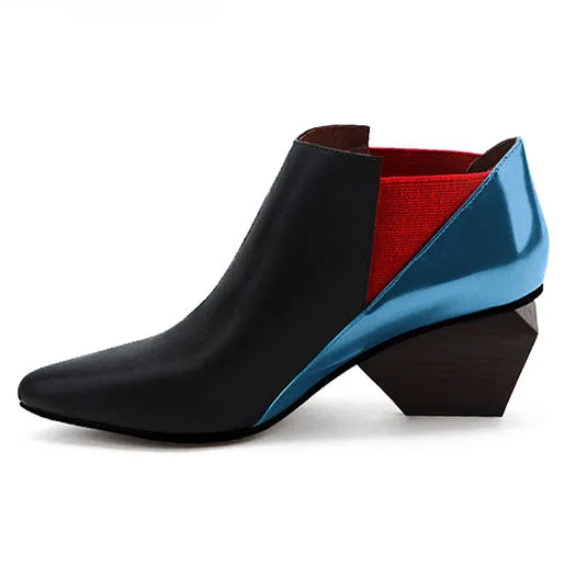 Chunky Pointed Toe Booties Short Winter Brand Women Boots Genuine Leather Fur Shoes Blue High Heel Chelsea Strange Slip On Ankle
